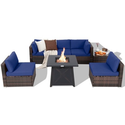 Tangkula 7PCS Rattan Patio Sectional Furniture Set w/ 30" Fire Pit Table & Cushion