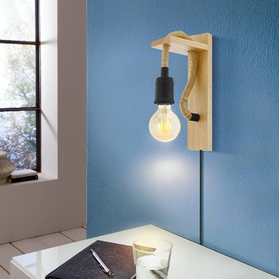 Natural Wood and Black Rope Wall Sconce with Open Bulb