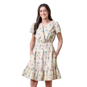 Hope & Henry Women's Organic Short Sleeve Split Neck Tiered Dress