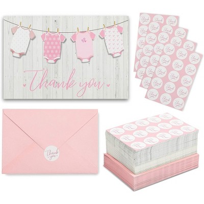 Pipilo Press 60-Pack Girl Baby Shower Thank You Cards with Envelopes and Stickers for Gender Reveal Parties, 6x4 in