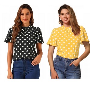INSPIRE CHIC Women's Polka Dots Stand Collar Pleat Keyhole Back Short Flare Sleeve Tops 2 Packs - 1 of 4