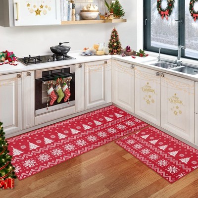 Nasitip Christmas Red Kitchen Mat of Tree and Letter pattern, Sets of 2 Washable Non Slip Mats,17x29in+17x48in,Kitchen Decorative