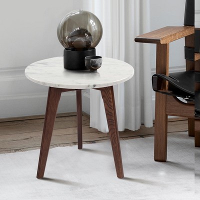 Cherie 19" Round White Marble and Elm Wood Side Table
