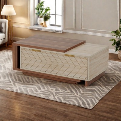 Lirago 42" Extendable Coffee Table Modern Walnut Oak Veneer with 2 Storage Drawers Dual-Tone Design for Living Room