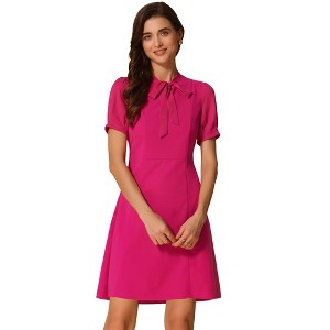 INSPIRE CHIC Women's Bow Tie Keyhole Neck Puff Sleeve Elegant Work Dress - 1 of 4