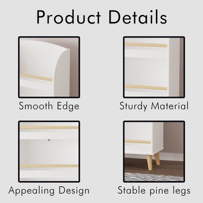 Product details including smooth edge, sturdy material, appealing design, stable pine legs