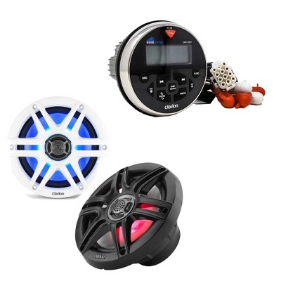 Clarion GR1BT Digital Media Receiver (Gauge Style) with CMS-651RGB-SWB 6.5-inch LED RGB Marine Coaxial Speakers, Sport Grilles