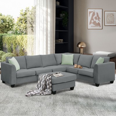 Whisen Minimalist Style L-shaped Modular Sectional Sofa, Living Room Set Includes Ottoman and Pillows