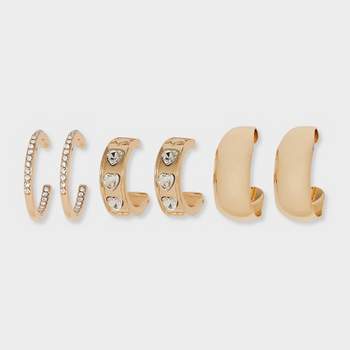 Cubic Zirconia Heart Hoop Earring Set 3pc - Wild Fable™ Gold