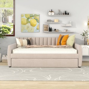 Full Size Upholstered Daybed with Pull-Out Trundle and Vertical Panel Backrest, Velvet Sofa Bed for Kids Room-Baofuwish - 1 of 4