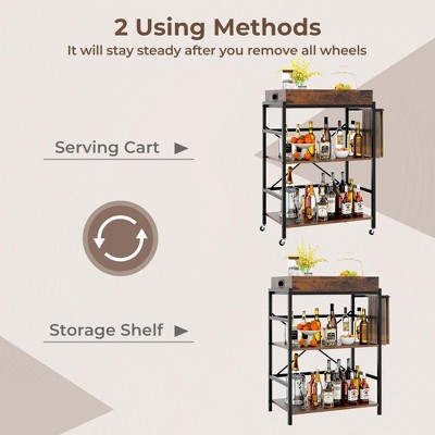 Rustic Brown and Black 3-Tier Bar Cart with Detachable Tray