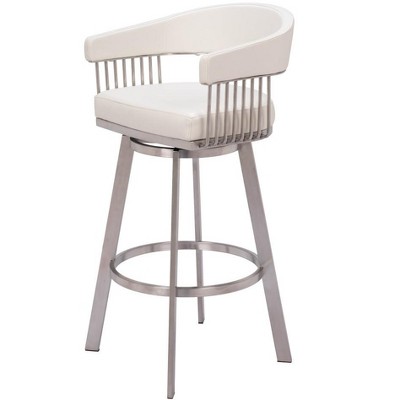 HomeRoots 31" White And Silver Faux Leather And Stainless Steel Bar Height Swivel Bar Chair
