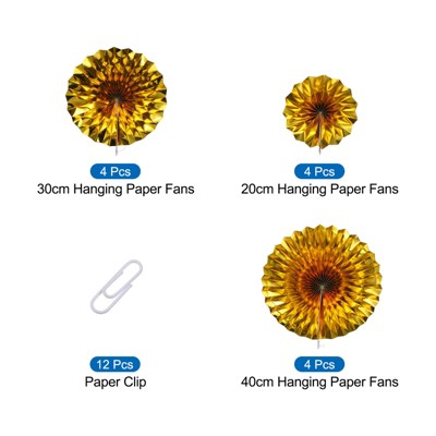 Gold Foldable Party Hanging Paper Fans with Clips, Set of 12