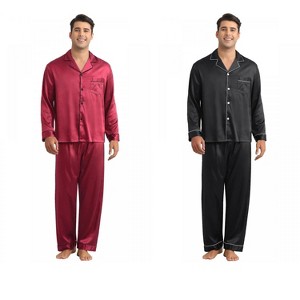 INSPIRE CHIC Men's 2 Pack Sleepwear Classic Soft Button Long Sleeve Satin Pajamas Sets - 1 of 4