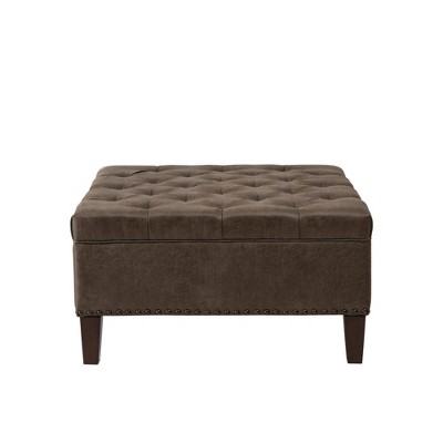 Madison Park Lindsey Tufted Square Cocktail Ottoman Brown: Faux Leather, Nailhead Trim, High-Density Foam