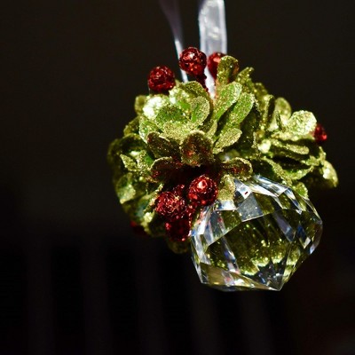 Festive Green and Red Glitter Mistletoe Ornament with Acrylic Crystal