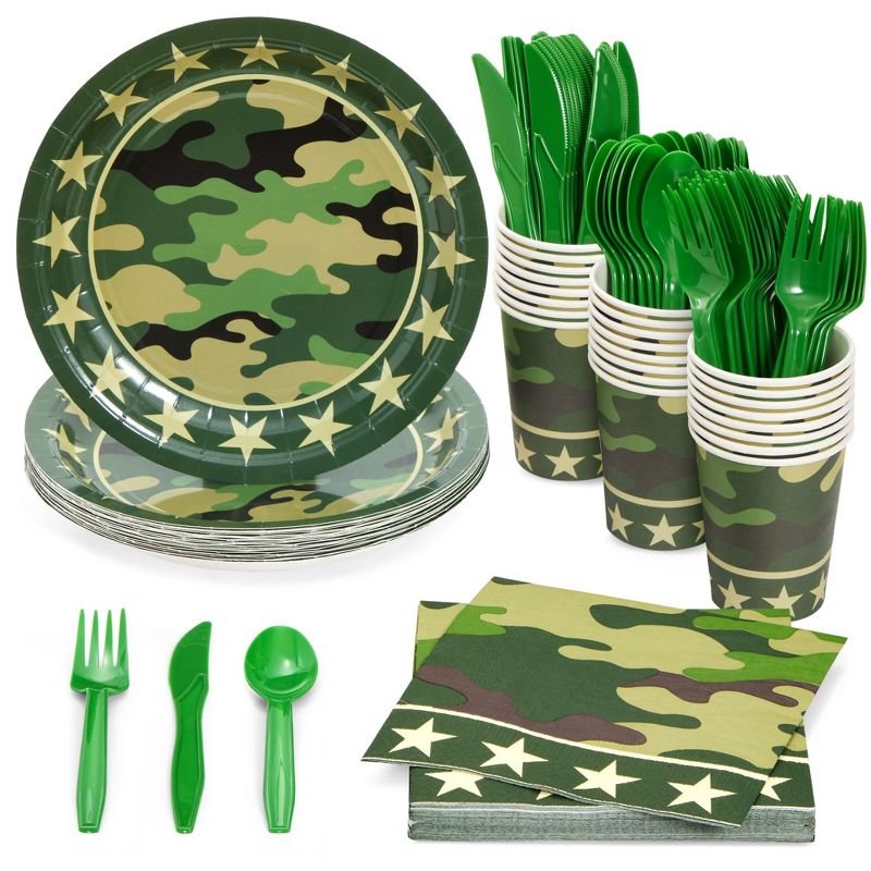 Blue Panda 144-PieceCamo Party Decorations for Army-Themed Birthday, Baby Shower, Serves 24, Camouflage Paper Plates, Napkins, Cups, and Cutlery, 1 of 10