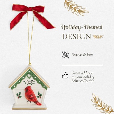 Elegant White and Red Porcelain Birdhouse Christmas Ornament