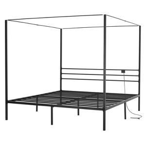 VEVOR King Size Canopy Bed Frame, Metal Canopy Bed with Charging Station and Four Posters Design, Heavy Duty Steel Slats Support, Black - 1 of 4