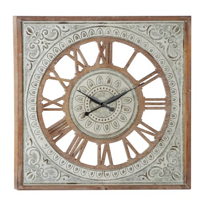 36" x 36" Extra Large Square Metal Textured Pattern Wall Clock with Wood Carved Center and Frame - Olivia & May