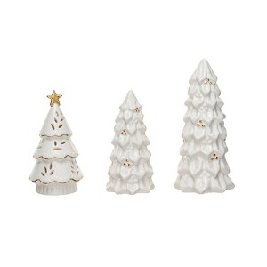 Storied Home Stoneware Christmas Trees with Gold Electroplating and LED, Cream, Set of 3 - 1 of 2