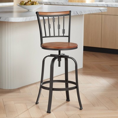 Adjustable Brown Wood and Metal Swivel Bar Stool