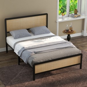 Metal Bed Frame with Rattan Headboard and Footboard, Safe Rounded Corners, Under Bed Storage - 1 of 4