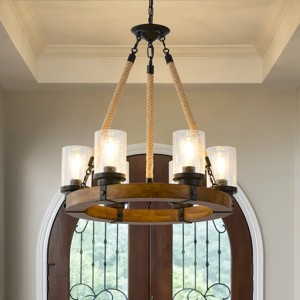 BAOURE Rustic Farmhouse Wagon Wheel Chandelier with Seeded Glass Shade, 6 Light Round Wood Pendant Light for Dining Room Living Room Foyer, Brown 21in - 1 of 4
