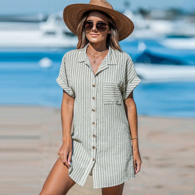 Women's Striped Collared Button-Up Mini Cover-Up Dress - Cupshe, 4 of 8