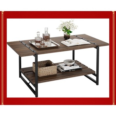 Garvee 41'' Large 2-Tier Wood Coffee Table with Storage Shelf - Sturdy Farmhouse Design,Metal Frame Modern Rustic Living Room Accent Furniture