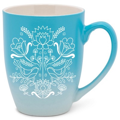 Elanze Designs Damask Threaded Floral Birds Two Toned Ombre Matte Teal and White 12 ounce Ceramic Stoneware Coffee Cup Mug