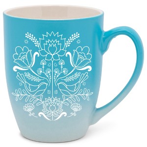 Elanze Designs Damask Threaded Floral Birds Two Toned Ombre Matte Teal and White 12 ounce Ceramic Stoneware Coffee Cup Mug - 1 of 4