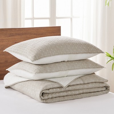 Taupe Cotton Twin Reversible Cross Stitch Bedspread Set