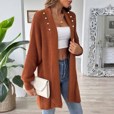 Women's Pearl Embellished Cardigan Loose Fit Longline Open Front Knit Sweater