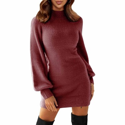 EXLURA Women's Mock Neck Ribbed Long Sleeve Bodycon Pullover Cute Mini Sweater Dress