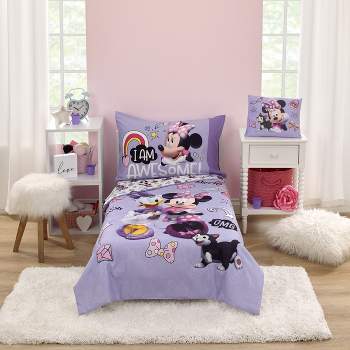 Disney Minnie Mouse I am Awesome Lavender, Pink, and White with BFF Daisy Duck, and Figaro the Cat 4 Piece Toddler Bed Set