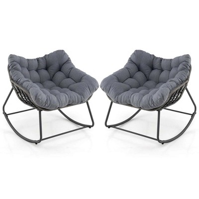 Costway 2 PCS Outdoor Rocking Chair Oversized Patio PE Wicker Egg Chair Rattan Lounge Chair Gray