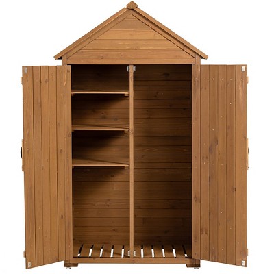 Brown Fir Wood Outdoor Storage Cabinet with Shelves and Lock