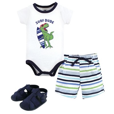 Hudson Baby Infant Boy Cotton Bodysuit, Shorts and Shoe Set, Surf Dude, 9-12 Months