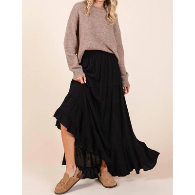 Women's Flowy Tiered Elastic Waist Lined Maxi Skirt - mittoshop