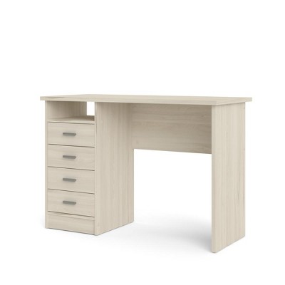 Scandinavian Light Woodgrain Desk with Four Drawers and Open Shelf