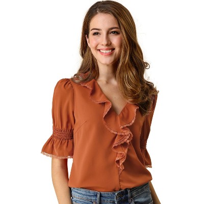 INSPIRE CHIC Women's Ruffle V Neck Puff Sleeve Summer Casual Chiffon Peasant Top