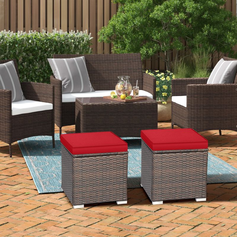 Tangkula 2 Pieces Patio Ottoman Outdoor Wicker Footstool Storage Box Side Table w/ Solid Metal Frame Additional Seating w/ Removable Cushions Beige/Off White/Red/Turquoise/Gray/Navy, 3 of 8