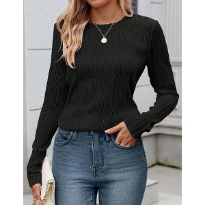 Coolmee Women Fashion Casual Crew Neck Long Sleeve Textured Blouse Slim Fit Basic Knit Tops - 1 of 4