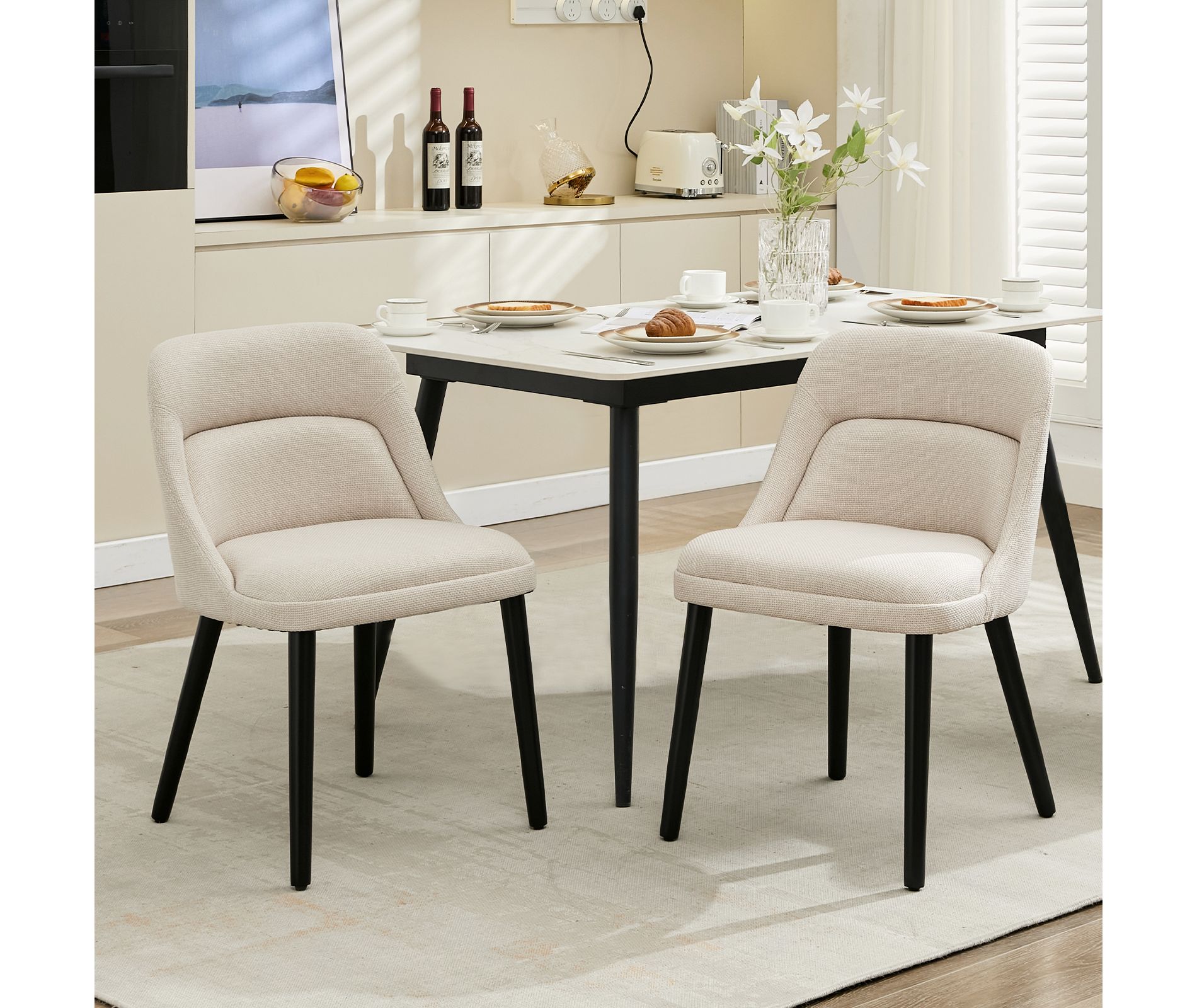 Set of 2 Beige Dining Chairs, Natural Linen Upholstered, Wood Legs, 300 Lbs Capacity, Easy Assembly for Home Living Cafe