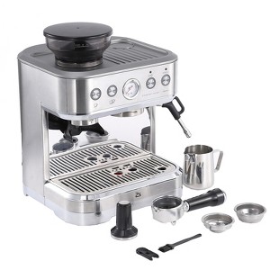 Silver-plated bean-to-cup espresso machine with stainless steel construction, featuring a milk carafe, suitable for espresso and lattes. - 1 of 4
