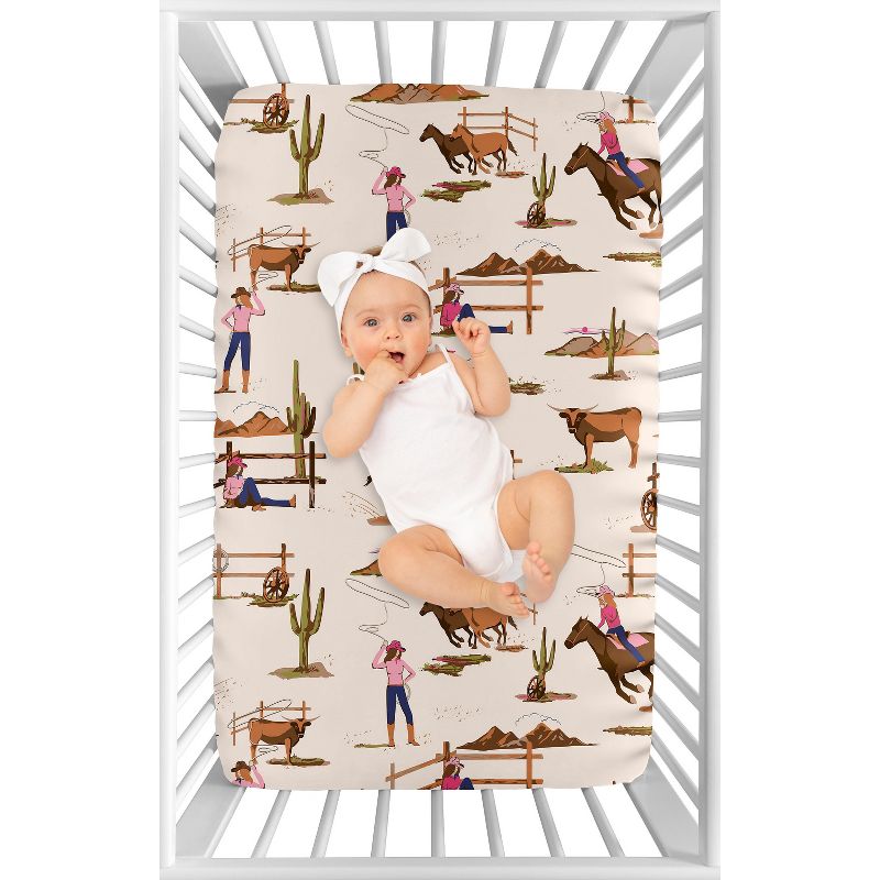 Sweet Jojo Designs Girl Baby Fitted Mini Crib Sheet Western Cowgirl Pink Brown Beige Blue, 4 of 7