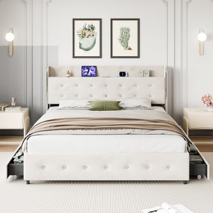 Storage bed on wheels with upholstered headboard and 4 drawers. No box spring required and easy to assemble. - 1 of 4