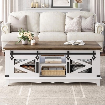 Garvee Farmhouse Coffee Table with Storage 48'' Center Table Industrial Cocktail Table with Sliding Barn Doors for Living Room,Office, White