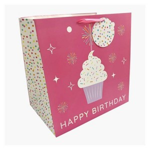 Bows And Sparkles Large Square 'Happy Birthday' Cupcake Gift Bag with Tag Pink - 1 of 3